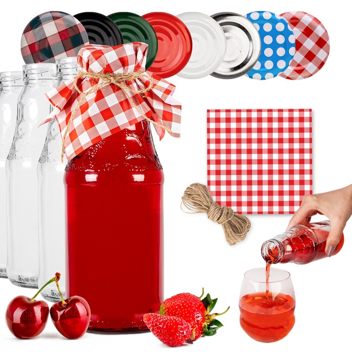 Set Sticle, SuperButelki, cu capac, 330 ml, 14 kg, pentru suc, cu o gluga rosu, 50 buc