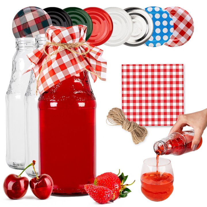 Sticla pentru Suc, SuperButelki, Model Standard, 330 ml, Set cu Capace si Sfoara, Pentru Piureuri Compoturi si Tincturi, Din Sticla, Rezistenta la Temperaturi Inalte, Transparent, 10 bucati