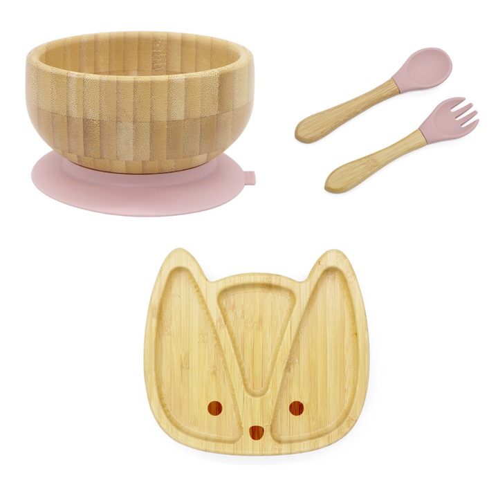 Set diversificare cu bol si farfurie vulpe din bambus, antiderapante, lingurita si furculita din silicon, roz