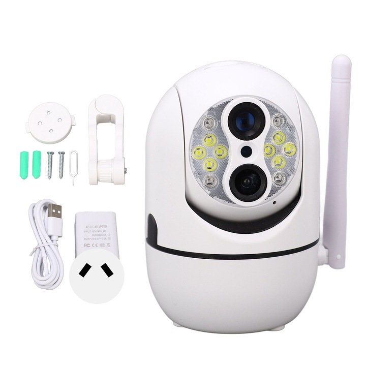 Camera de supraveghere wireless Jormftte 1080P, detectie miscare, functie de rotatie, alb, 100-240V