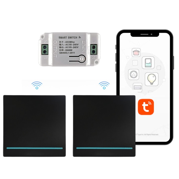 Kit 2 intrerupatoare inteligente Veridion®, Wifi, compatibil cu Tuya, Alexa si Google Home, 2 Comutatoare + 1 Receptor, negre