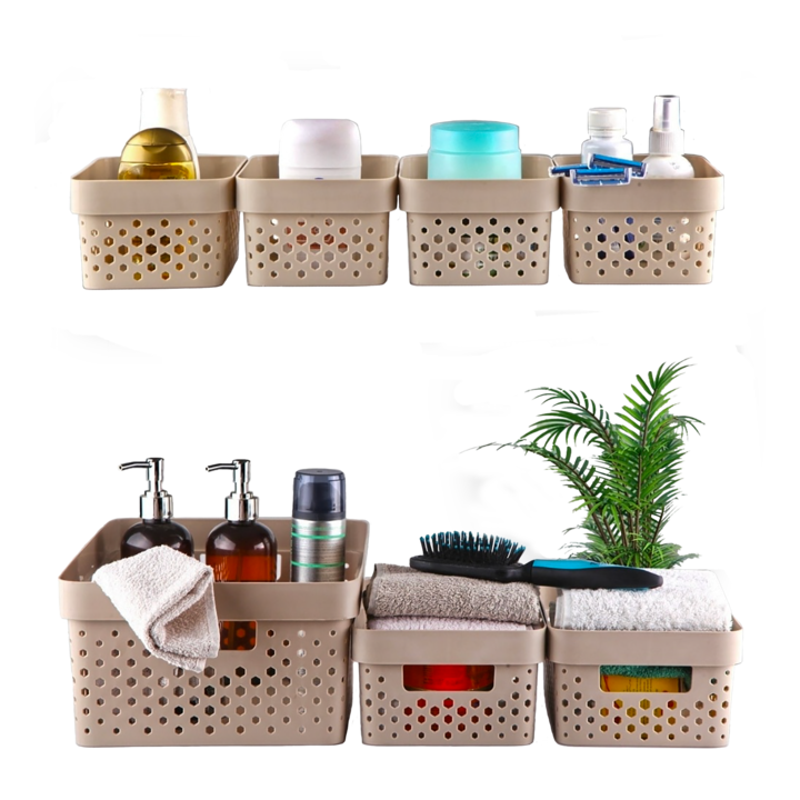 Set GinzaMaison 7 cosuri organizare si depozitare pentru baie, dormitor, bucatarie, camara, casa, Culoare Bej (1 buc. 33x23x14 cm, 2 buc. 23x15x10 cm 4 buc. 15x10x8 cm)