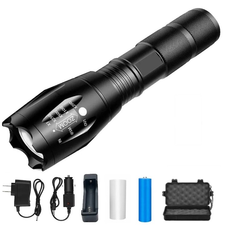 Професионален военен фенер WELUOT с батерия, зарядно, аксесоари и кутия