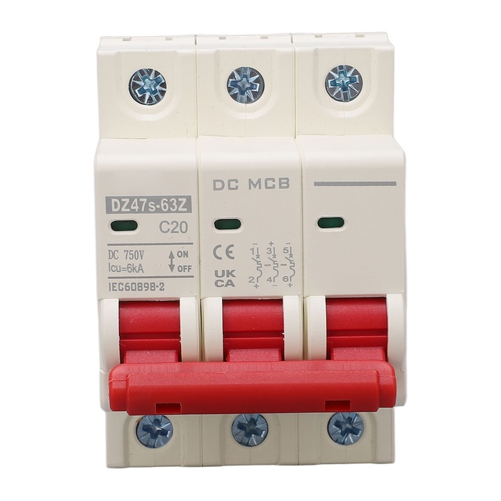 DC miniatűr megszakító, napelemes fotovoltaikus rendszer 3P 20A, DIN sínre szerelhető 6000A, szegmentált kapacitás DC750V DZ47s 63Z C20