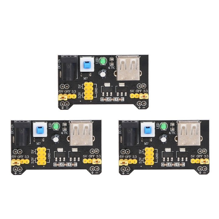 Set 3 module sursa de alimentare pentru placa de laborator, Enforose, regulator de tensiune DC 3,3V 5V, control independent, dimensiuni compacte