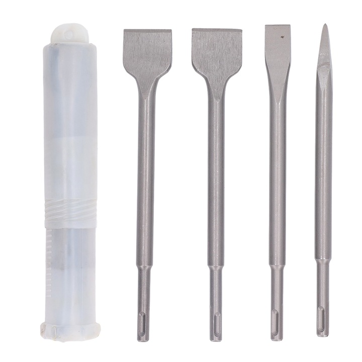 Enforose 4 darabos elektromos véső készlet, gömbölyű hegyű véső, lapos vésők, krómozott acél, 250mm, 27x5cm tárolódoboz