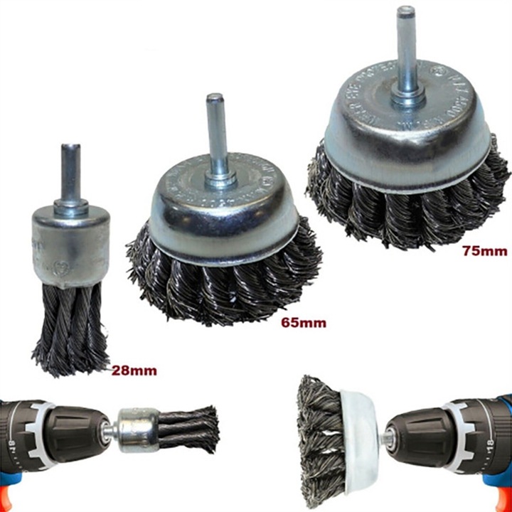 Set de perii de sarma de gaurit, Debavurare Indepartarea ruginii, Curatare Lustruire, Perie de sarma de otel carbon rasucite