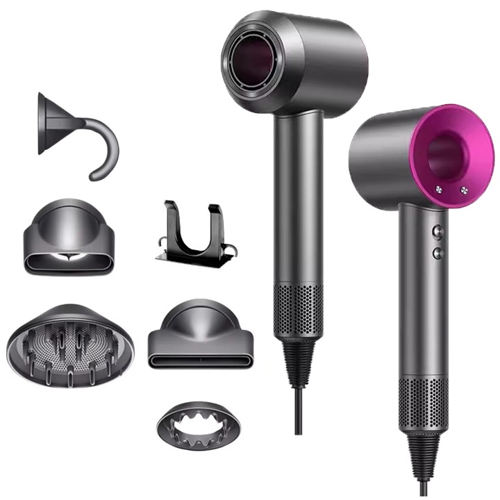 Uscator de par BFY-Uscator de par fara lama cu ioni negativi, Model BFY-Z1, Uscare rapida, Zgomot redus, 1600W, 200 milioane de ioni negativi, 3 niveluri de viteza, 4 niveluri de temperatura, 5 duze profesionale, fuchsia