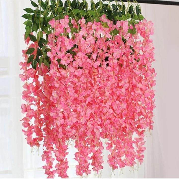 Set 12 Bucati Planta Artificiala Curgatoare, RoveRim, Agatat ghirlanda flori de matase, pentru nunta petrecere gradina in aer liber verdeata acasa decorare de perete, Lungime 1.1m, Roz