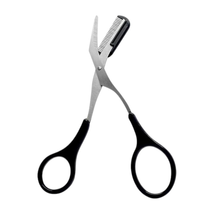 Foarfeca sprancene cu pieptene din plastic detasabil, manere anti-alunecare, portabila si ergonomica, unisex, inox, 12.4x5cm, negru/argintiu