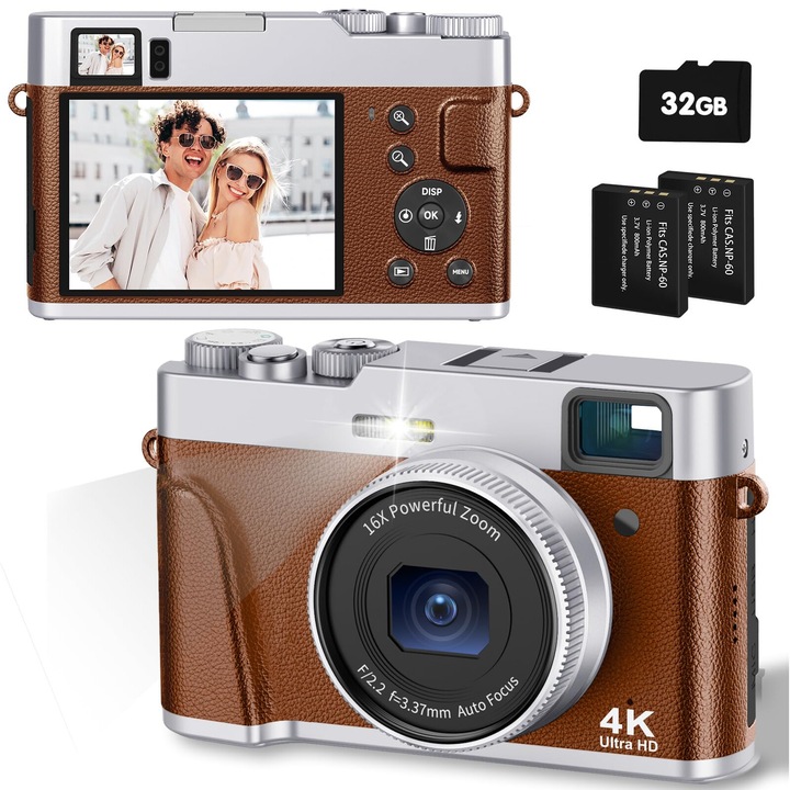 Kompakt 4K kamera, autofókuszos 48 MP fényképezés YouTube Vlogging kamera, 16X digitális zoom, kompakt utazási fényképezőgépek ajándékokhoz, WALALLA, barna színű, 32 GB-os mikrokártyával