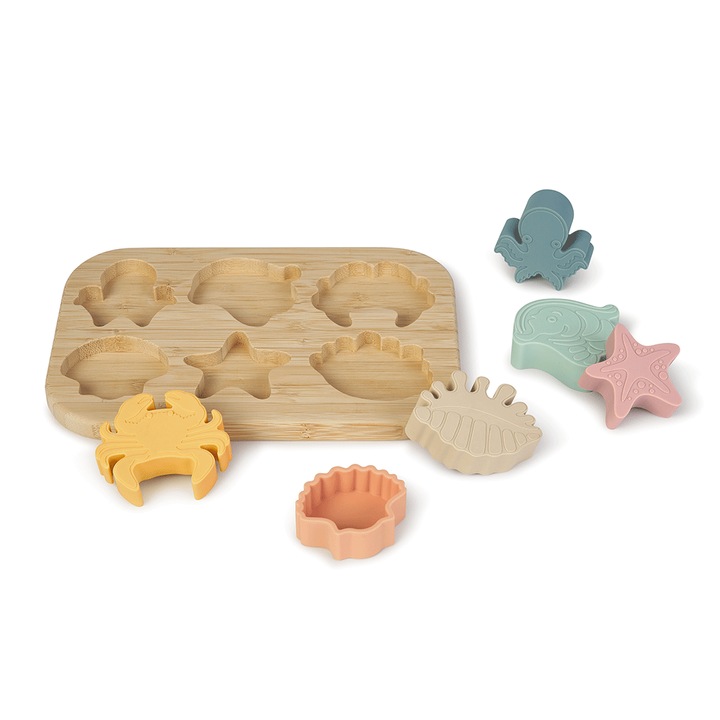 Élelmiszer minőségű szilikon puzzle, bambusz alappal "Sea Life"