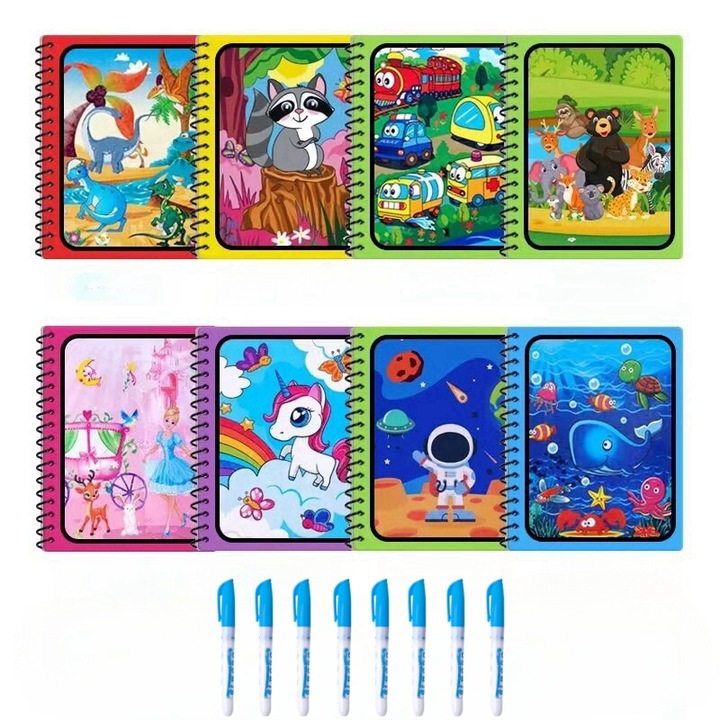 Set 8 carti de colorat cu apa, activitati extracurriculare, ilustratii, pentru copii 3-6 ani