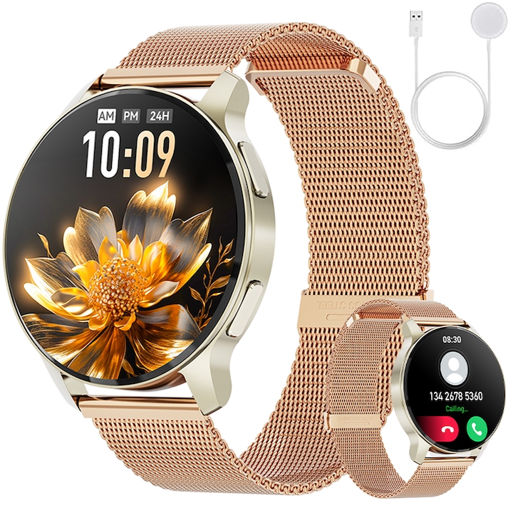 Смарт часовник, Carkira, модел M10, 1,4 инча, водоустойчив, Bluetooth разговор, спортен режим, фитнес тракер, езиков асистент, пулс, наблюдение на съня, калории, брой стъпки, подходящ за мъже и жени, златист