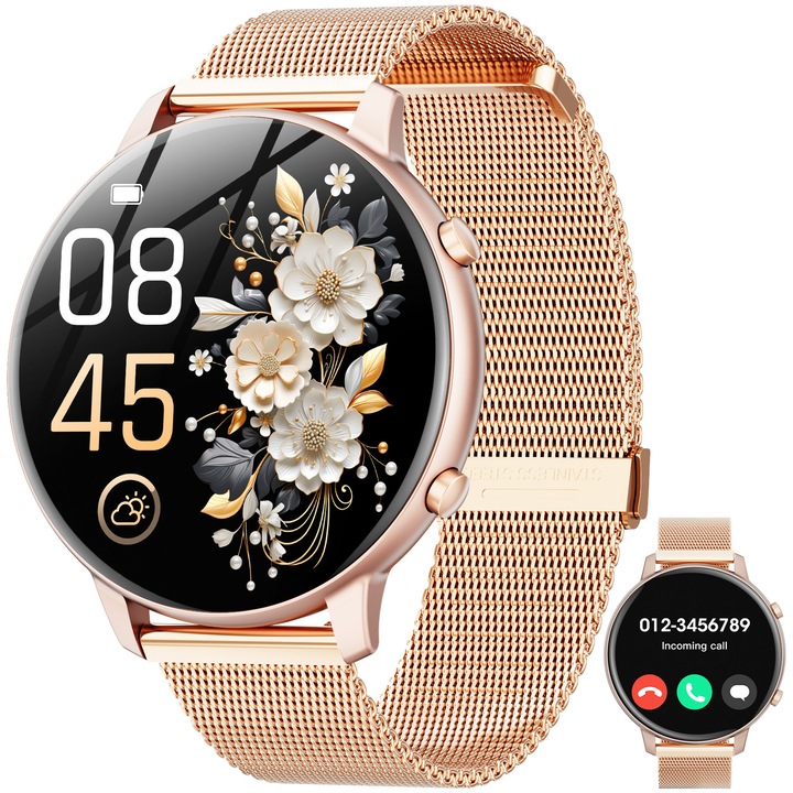 Ceas smartwatch, Mingtawn, model G25, 1.39 inch, apel Bluetooth, mod sport, tracker fitness, impermeabil, asistent vocal, ritm cardiac, notificare mesaje, monitorizare a somnului, pedometru, potrivit atat pentru barbati cat si femei, aur