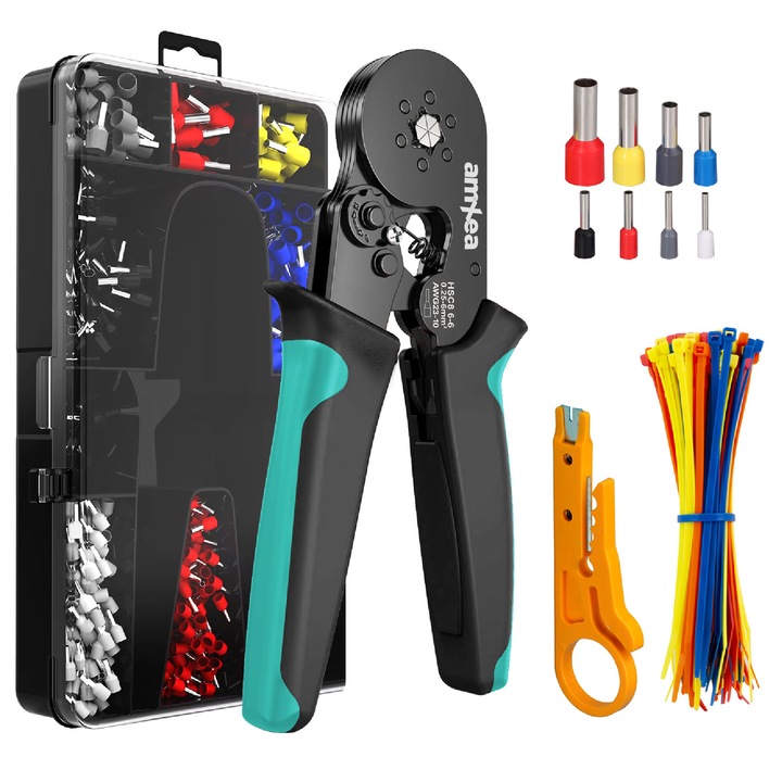 Set sertizare amXea Tool-Kit Negru-Turcoaz, cleste de sertizat HSC8 6-6 cu sase falci pt pini 0.25 - 6 mm², 1200 terminale conductori electrici, mini-dispozitiv dezizolare, 50 legaturi reglabile 3x100mm, cutie depozitare