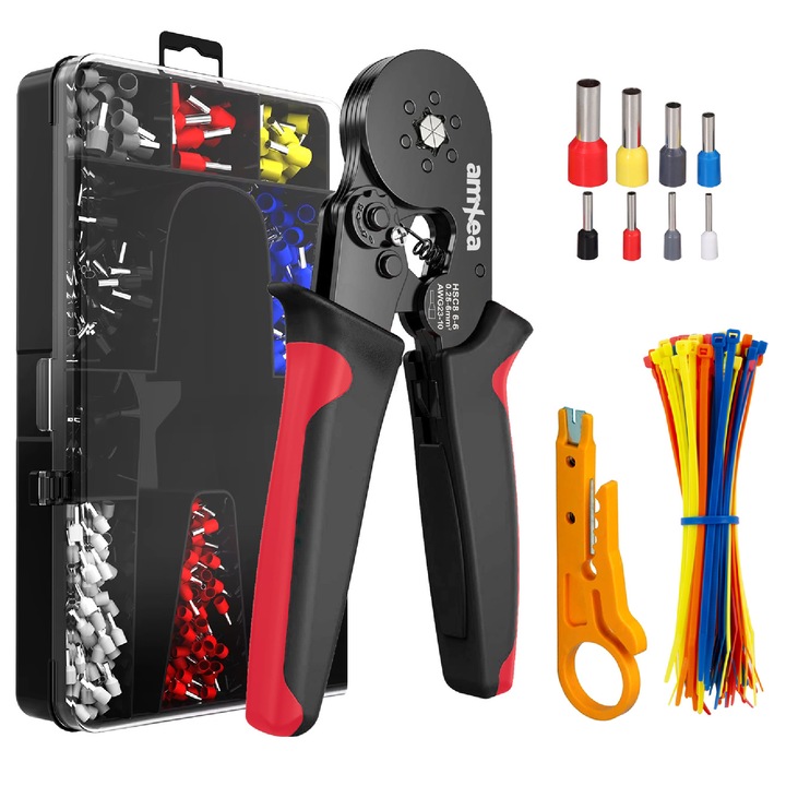 Set sertizare amXea Tool-Kit Negru-Rosu, cleste de sertizat HSC8 6-6 cu sase falci pt pini 0.25 - 6 mm², 1200 terminale conductori electrici, mini-dispozitiv dezizolare, 50 legaturi reglabile 3x100mm, cutie depozitare
