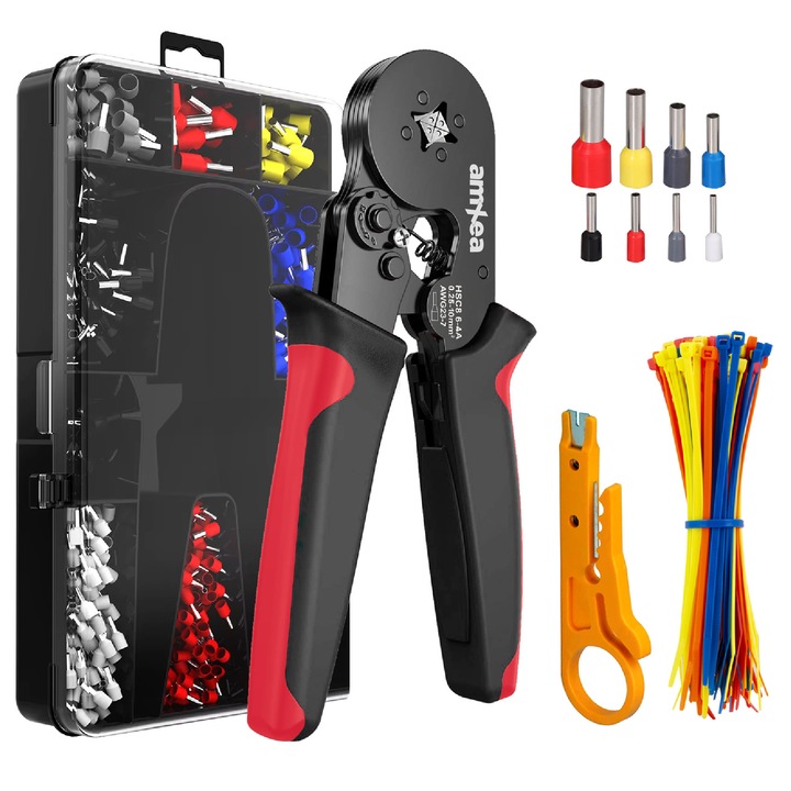 Set sertizare amXea Tool-Kit Negru-Rosu, cleste de sertizat HSC8 6-4A cu patru falci pt pini 0.25-10 mm², 1200 terminale conductori electrici, mini-dispozitiv dezizolare, 50 legaturi reglabile 3x100mm, cutie depozitare