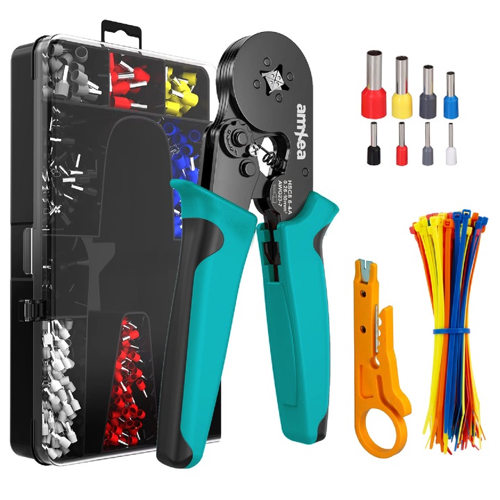 Set sertizare amXea Tool-Kit Turcoaz-Negru, cleste de sertizat HSC8 6-4A cu patru falci pt pini 0.25-10 mm², 1200 terminale conductori electrici, mini-dispozitiv dezizolare, 50 legaturi reglabile 3x100mm, cutie depozitare