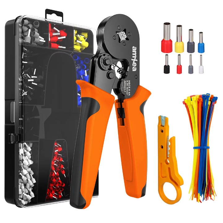 Set sertizare amXea Tool-Kit Portocaliu-Negru, cleste de sertizat HSC8 6-4A cu patru falci pt pini 0.25-10 mm², 1200 terminale conductori electrici, mini-dispozitiv dezizolare, 50 legaturi reglabile 3x100mm, cutie depozitare