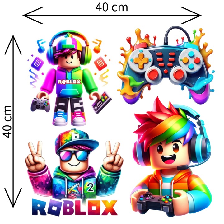 Set 4 imagini termoadezive pentru textile Roblox, aplicare cu fierul de calcat, 40 cm x 40 cm, M1