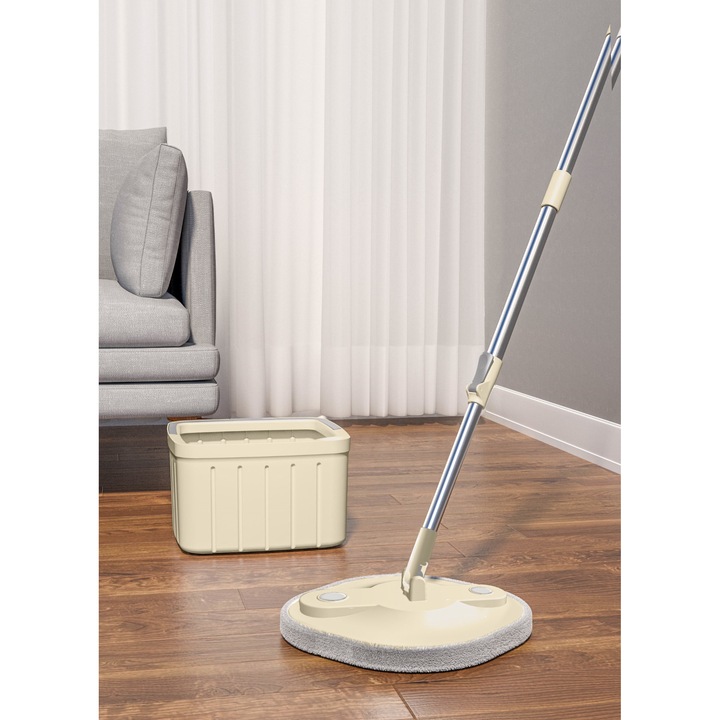 Set mop rotativ cu doua rezerve Dreamramp, culoare bej, Galeata patrata, doua compartimente pentru apa curata si murdara, robinet de scurgere a apei, consum redus de apa