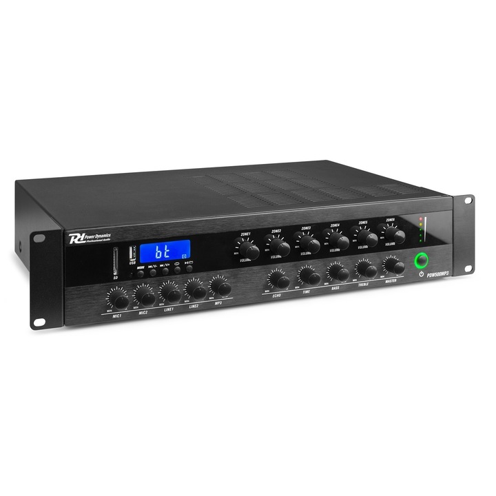 Звуков усилвател Power Dynamics PDW500MP3 с 6 зони, 100V, 400W, Bluetooth, USB, SD, FM