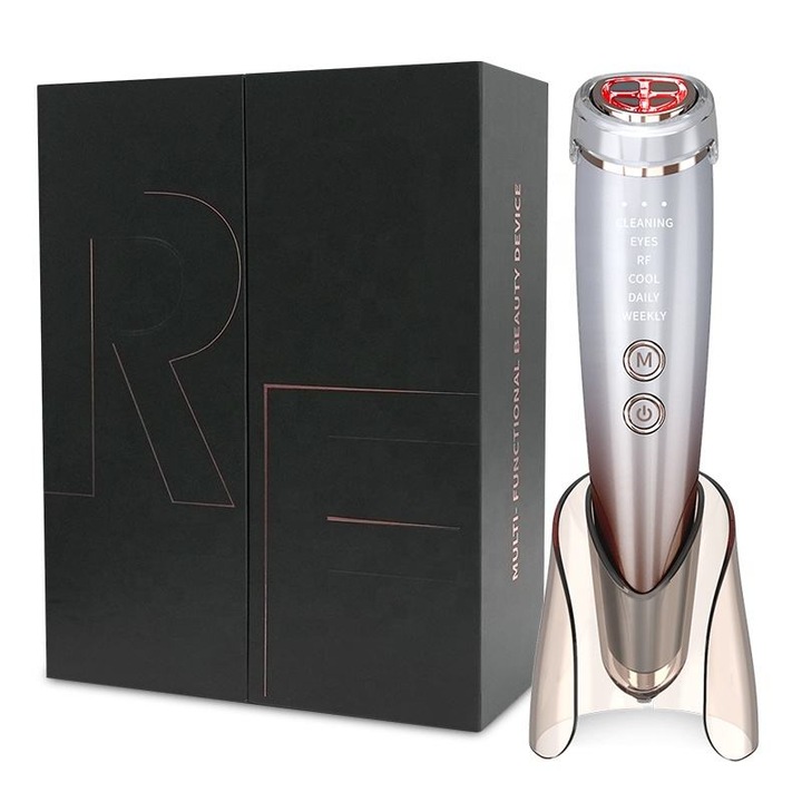 Уред за терапия на лице и подмладяване на кожата 6 в 1, Професионален, Лифтинг, Против бръчки, RF технология, Анти-акне, EMS технология, LED, Гореща и студена вибрация и компресия, ABS и неръждаема стомана, Сребрист