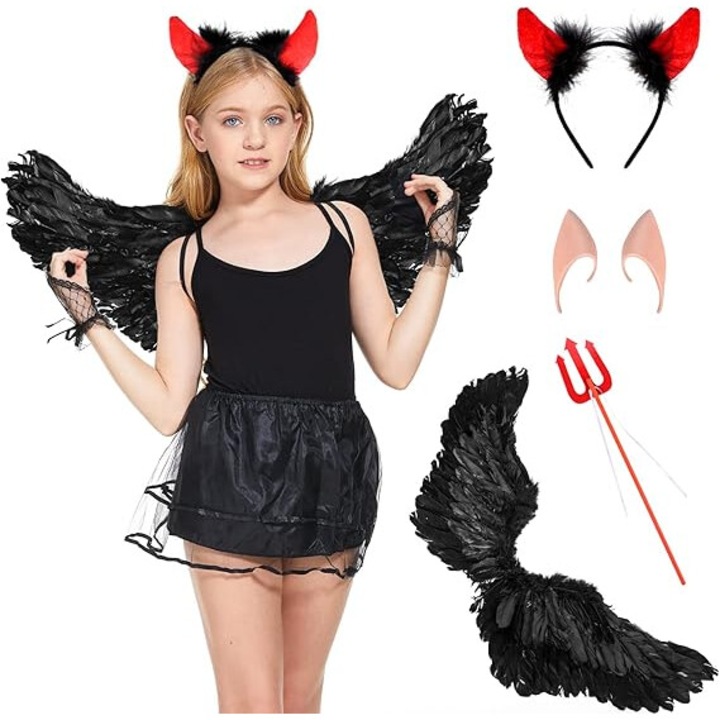 Set de 4 Piese cu Aripi de Inger, Cornite de Diavol, Trident si Urechi de Elf, Negru, pentru Carnaval, Halloween, Herefun pentru Copii, HLBP