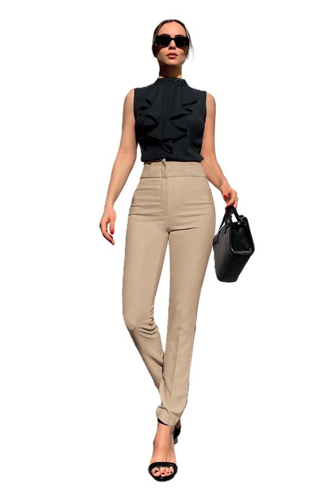 Pantaloni Eleganti Dama, Cu Talie Inalta Si Croiala Skinny, Maro deschis, S