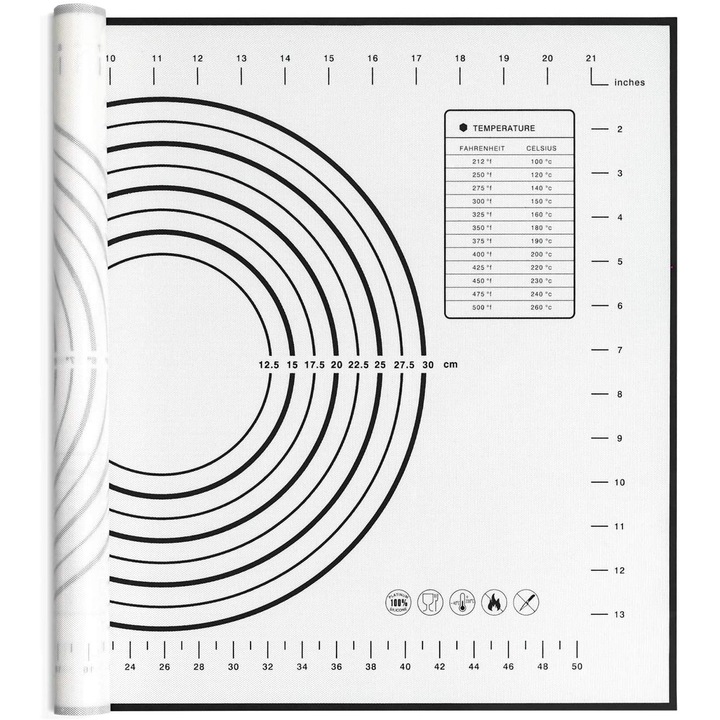 Covoras silicon alimentar bucatarie, VALA® Advantage, rezistent temperaturi ridicate, usor de curatat, gradatii verticale, orizontale si pizza, 50x70cm, alb cu negru