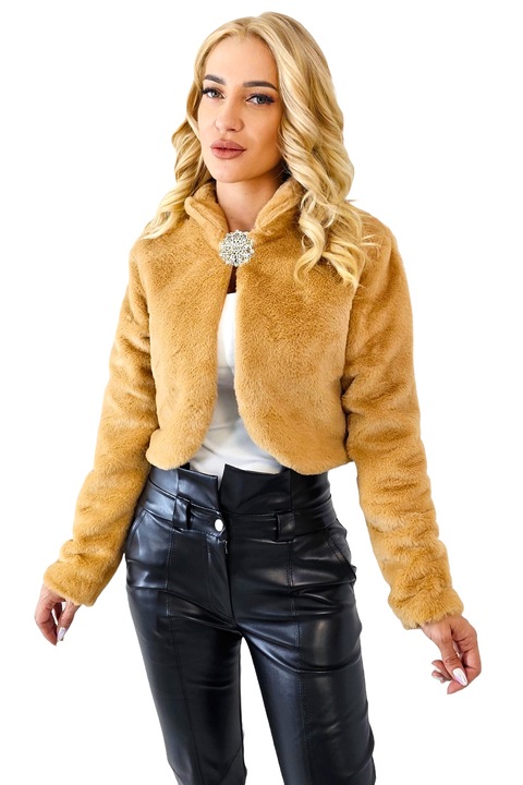 Haina scurta din blana ecologica Suzyana, cu maneca lunga si accesoriu inclus, Bej, Marime universala S/M