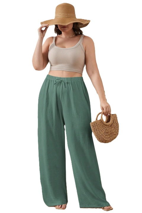 Pantaloni Dama Largi Cu Talie Elastica De Culoare Solida, Verde pal