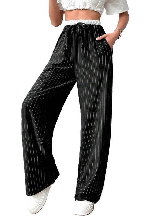 Pantaloni Dama, Cu Dungi Si Culori Contrastante, Cu Croiala Drepta, Negru