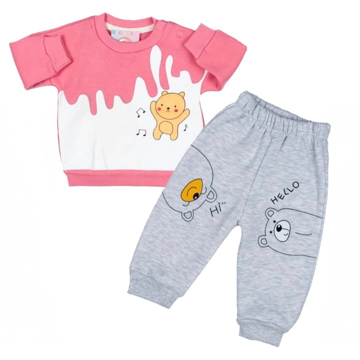 Trening thermo 2 piese, bluza roz cu alb, pantaloni gri vatuiti