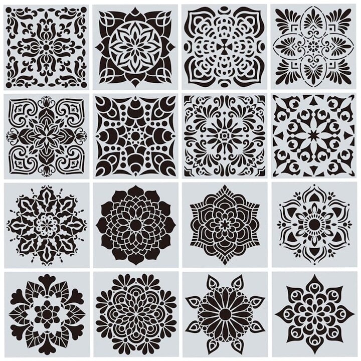 16 db-os Mandala dekoratív sablon készlet, WELUOT, többször használható, 15x15cm
