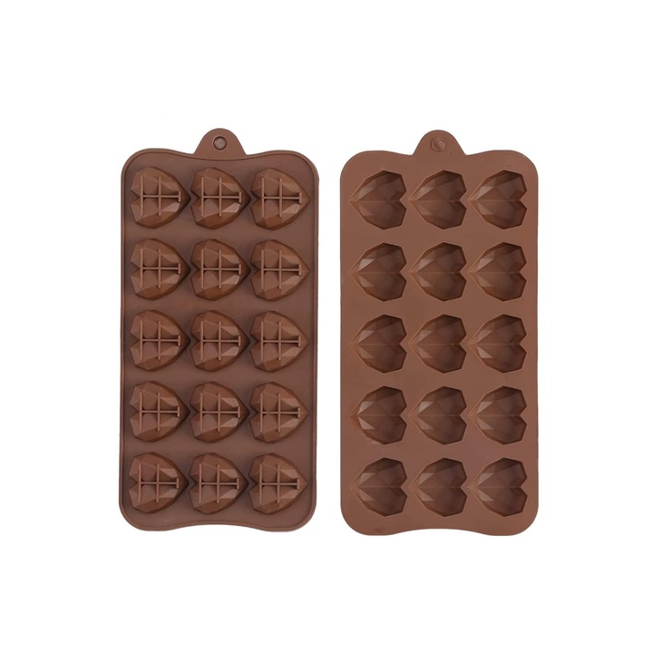 Tava din silicon pentru ciocolata, prajituri, jeleuri, 2 bucati, Forma inima, 15 compartimente, Maro