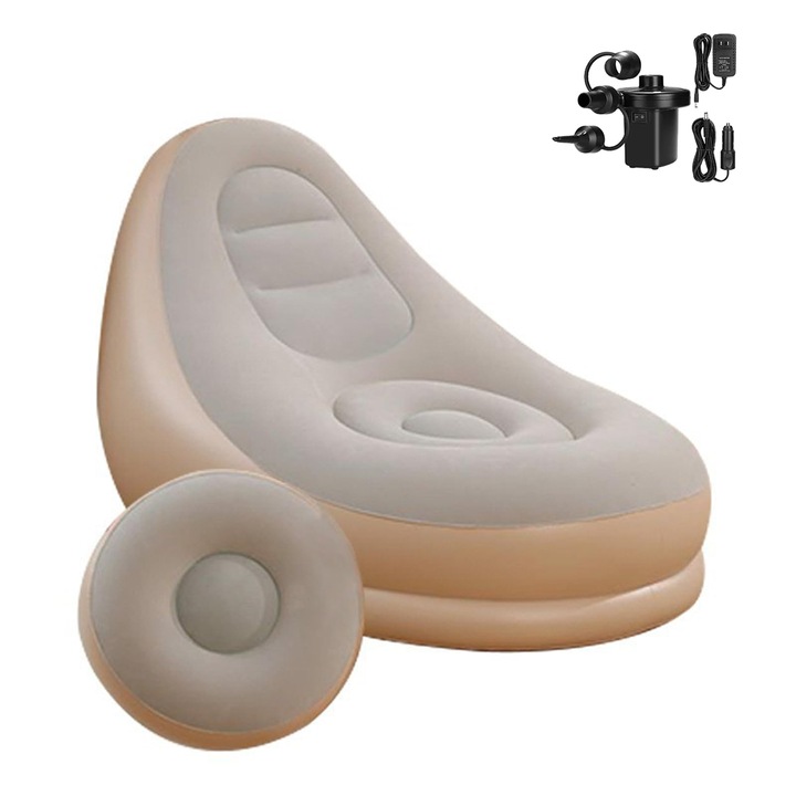 Надуваем пуф WALALLA, 125x100x85 см, с въздушна помпа, за тераса, за вътрешна употреба, хол, спалня, за пътуване на открито, къмпинг, пикник, шезлонги, сгъваеми столове, сив