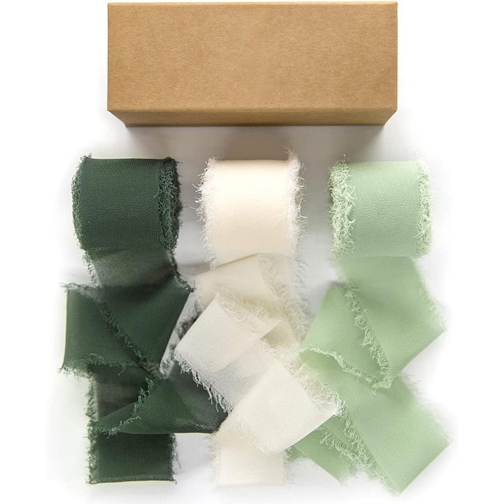 Комплект от 3 сатенени панделки, WELUOT, ширина 4 см, 6,5 м, зелени