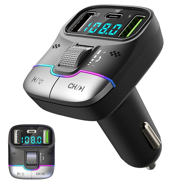 Modulator FM Bluetooth 5.3, Axroad Mall, Adaptor radio, MP3 Player, Incarcare Suport U Disc USB cu Port Type-C, Fast Charge, 3 porturi incarcare, Display LED, Afisarea baterie, Negru