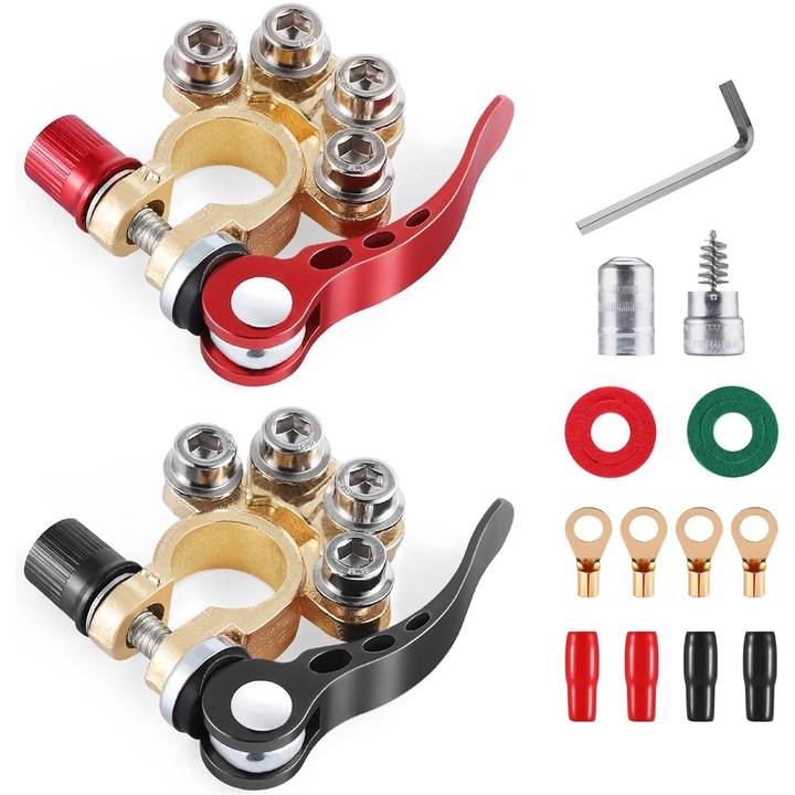 Комплект от две професионални клеми, Axroad Mall, Автомобилен акумулатор, С четири клеми и бързо освобождаващи се скоби, Термосвързваща се тръба, Пръстеновиден проводник, 2 антикорозионни шайби и четка за почистване, Мед, Многоцветен