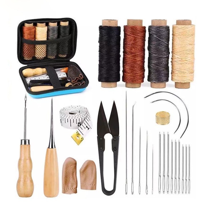 Set de 28 articole de cusut din piele, cu geanta de depozitare, dimensiuni diferite, multicolor, 12x8x2.5 cm