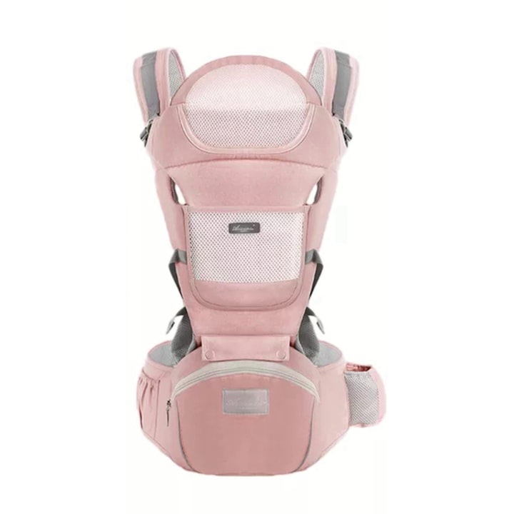 Ергономична раница за бебе WELUOT, многофункционална, 12 позиции, памук, розова, 0-36 месеца