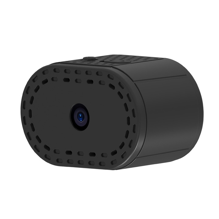 Mini camera spion WiFi, Filmare in bucla, Autostocare, Hotspot, Notificari Push, Detectie miscare, Baterie, Vedere pe timp de noapte, Negru, ultra-compacta