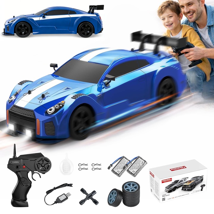 Masina cu telecomanda RC, AYCYKD, Drift car, 20km/h, cu LED-uri si Spray, 2 Baterii Reincarcabile Tip Acumulator Incluse, Jucarie Pentru Copii 7 ani+ si Adulti, 1:16, Albastru