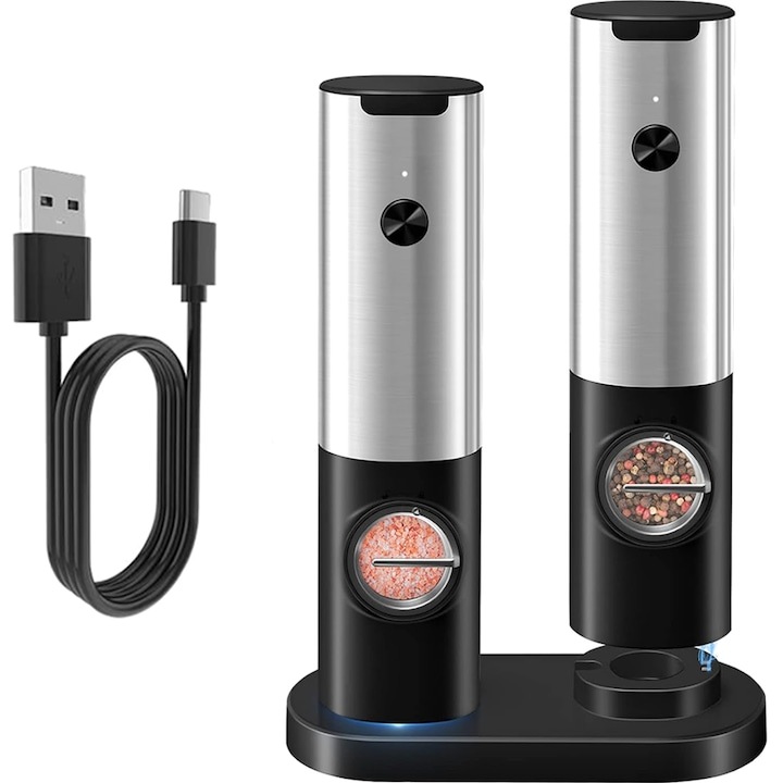 2 db fém só- és borsdaráló készlet, USB, LED kijelző, 140ml