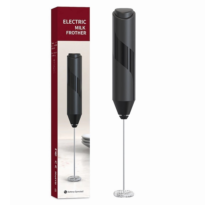 Mixer pentru spuma de lapte electric, WELUOT, inox, maner izolat termic, negru/argintiu