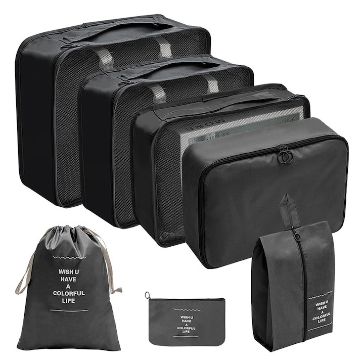 Set 7 organizatoare pentru imbracaminte/incaltaminte, WELUOT, Poliester, Negru