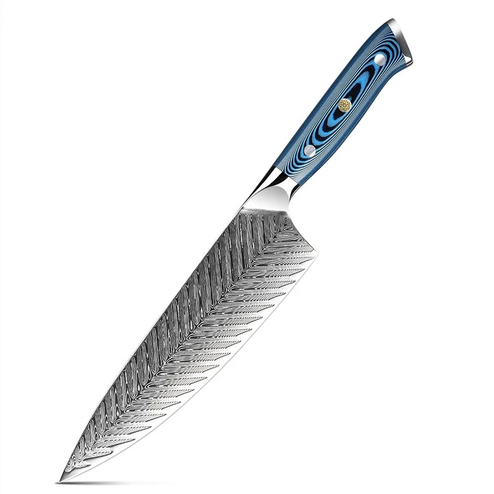 Cutit Profesional, Hikari Knife, Cutit Japonez, Cutit de Bucatarie, Cutit Universal, Cutit Premium Calitatativ, Cutit pentru Carne, Legume si Fructe, Durabil, Taiere Precisa, Lama Ascutita, Maner Ergonomic din Pakkawood Albastru, Lama din Otel Damasc 21cm