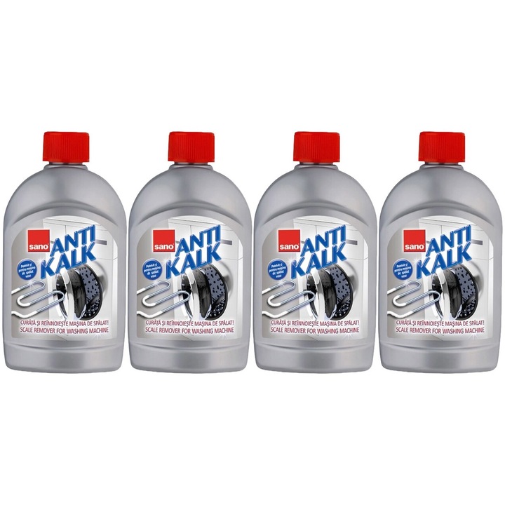 Set 4 x Sano Anticalcar Masina Spalat 500ml Gel, rapid si eficient, usor de aplicat, testat dermatologic, prospetime de lunga durata, elimina mirosuri neplacute
